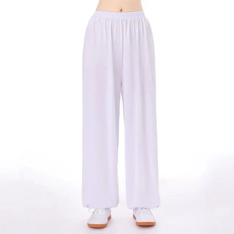 Pantalones de Tai Chi Unisex, ropa de seda de hielo, ejercicio matutino, bombachos sueltos de talla grande, pantalones de práctica de artes marciales, Verano