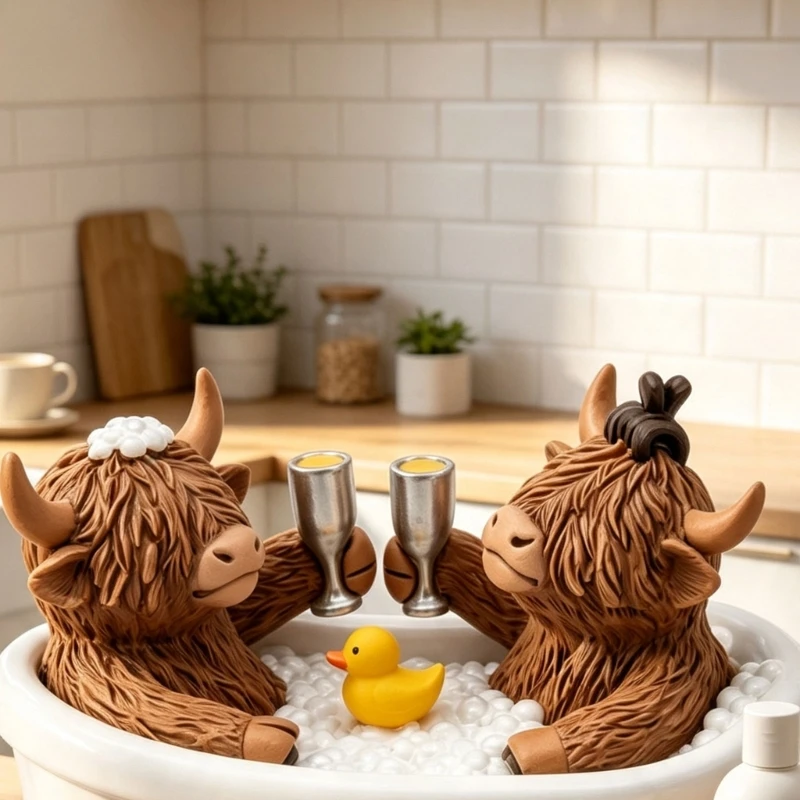 Resin High Land Cow Couple in Bathtub Figurine for Shelf Desk and Home Decors J0MC