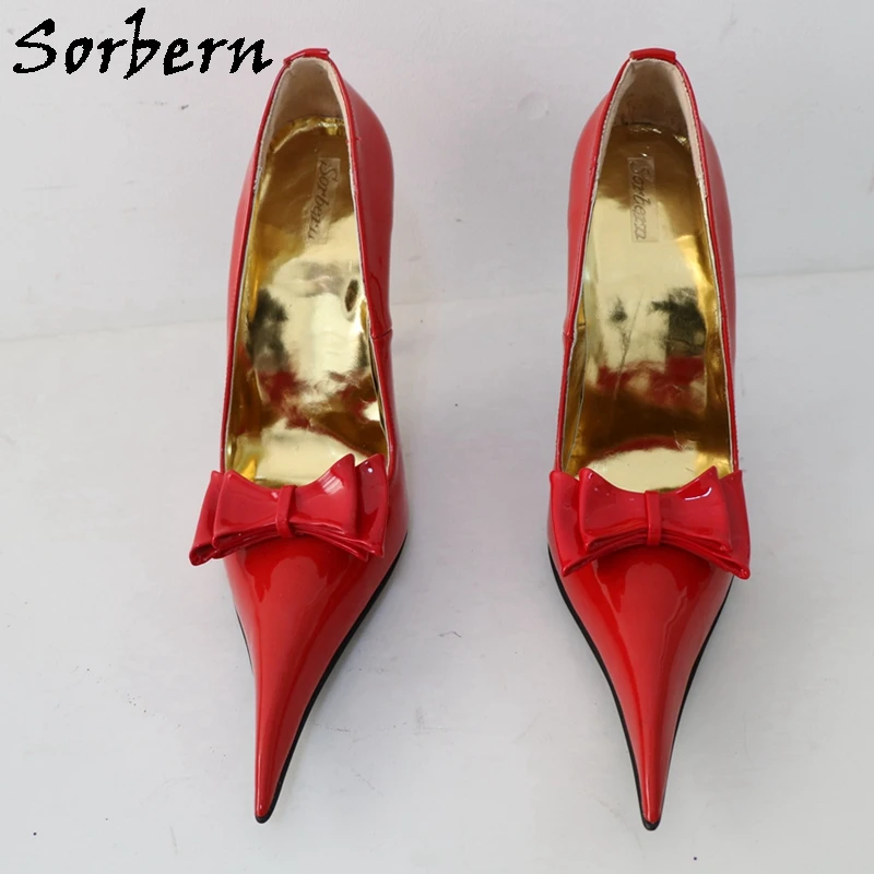 Sorbern Red Shiny Bowknot Women Pumps Long Pointed Toe Slip On Stilettos 12Cm Cigarette Heels Custom Colors Fetish Pump Footwear