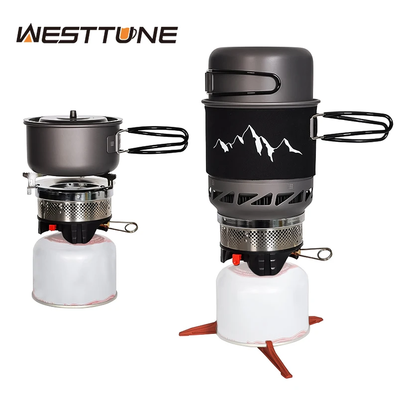 WESTTUNE Camping Cooking Set Stove Pot Pan Cookware System with Heat Exchanger Outdoor Propane Cooking Gear Portable Gas Stove