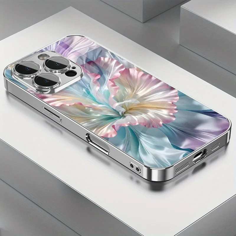 

Luxury Romantic Color Gradient Silk Flower Print Electroplated Case For iPhone 17 16 Pro Max 15 14 Plus 13 12 16E 17 Air Cover