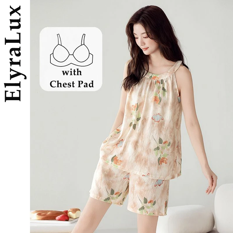 

ElyraLux Summer Lightweight Women's Sleepwear Set Cloud Cotton Home Clothes Vest Korean Loose Sleeveless Top And Shorts Outdoor