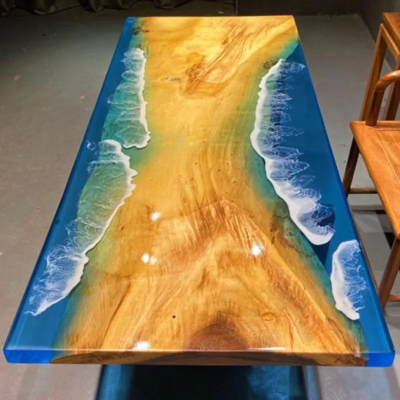 custom.Resin River Table, Ocean Solid Wood Dining Table, Light Luxury Epoxy Table Wood