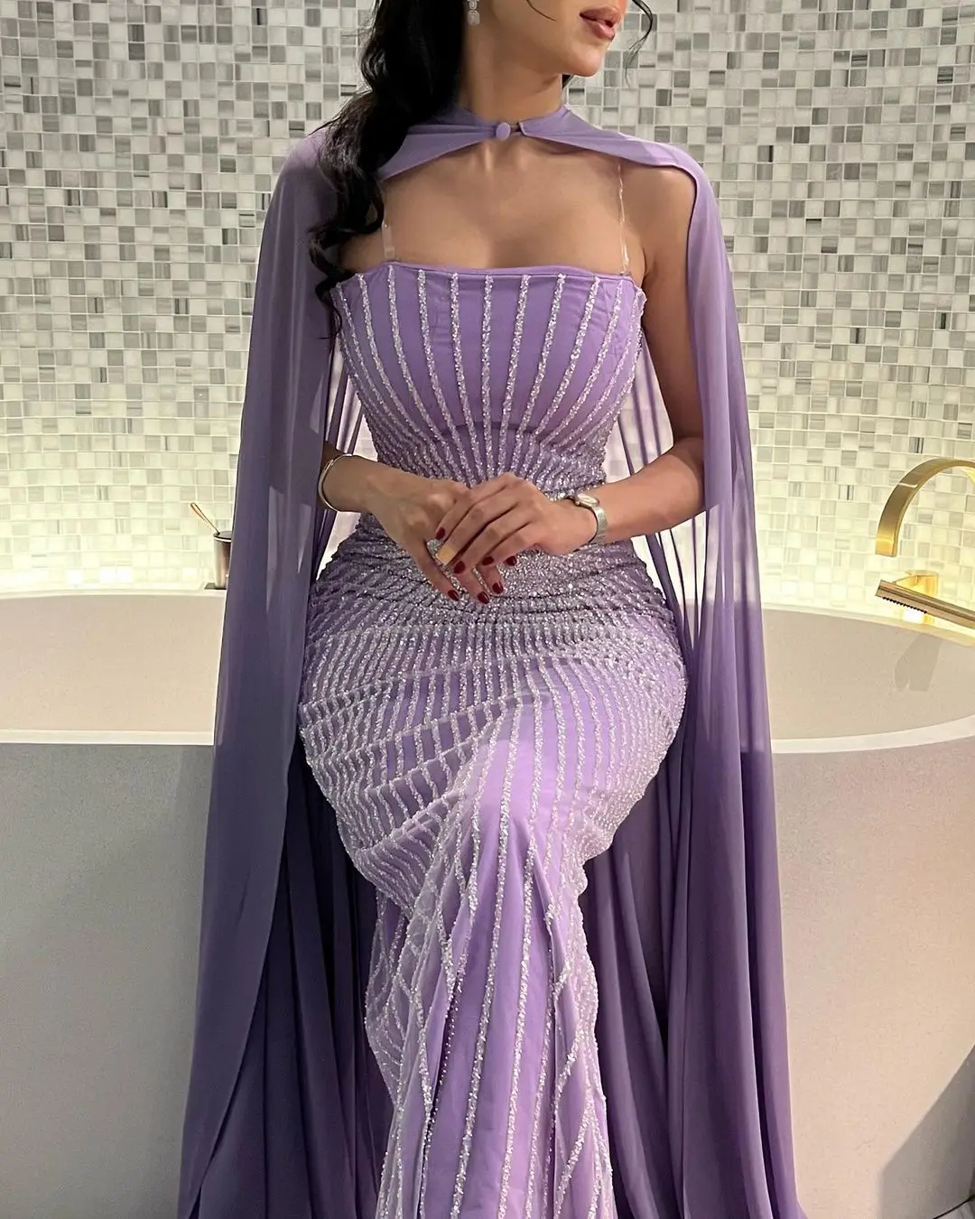 2023 Sexy Colourful Spaghetti Strap Sleeveless Beaded Tulle Evening Dress Ankle Length Illusion Back Cape Prom فستان نسائي طويل