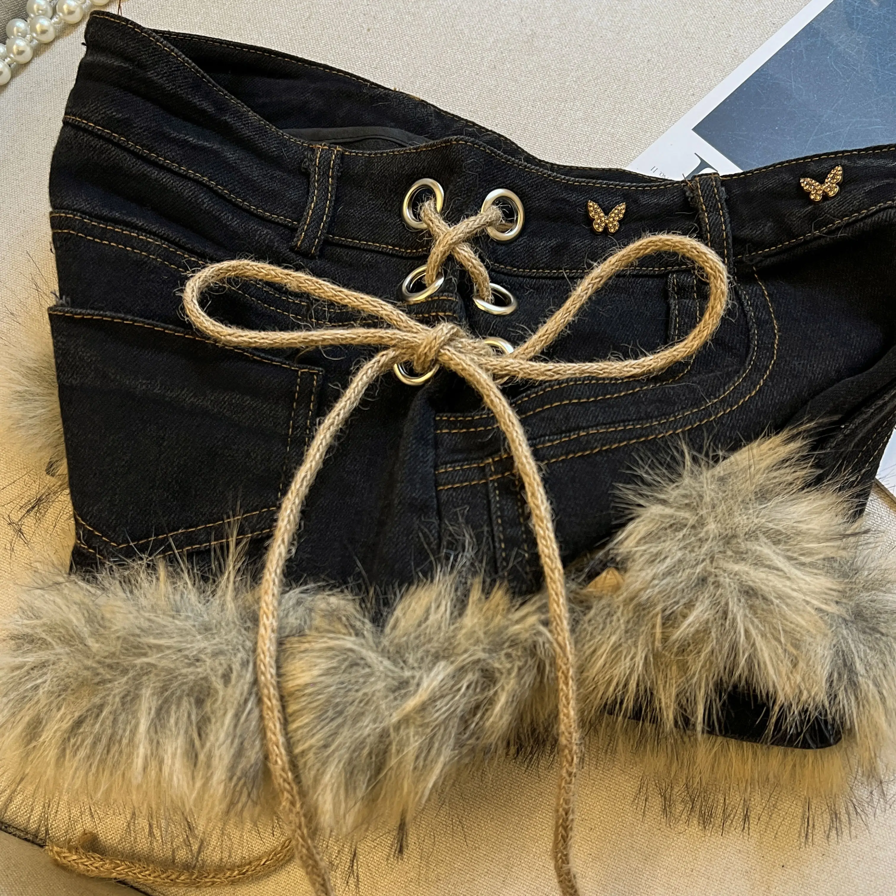 Women's Autumn Winter Frayed Butterfly Knot Tie Denim Shorts Y2K Harajuku High Street Fashion Retro Sexy Jeans Shorts Clothing