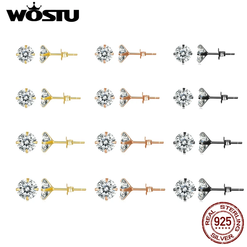 

WOSTU, классические круглые свадебные серьги-гвоздики из стерлингового серебра 925 пробы, розовое золото, прозрачный AAA CZ, женские обручальные серьги, Черное золото, 4-7 мм