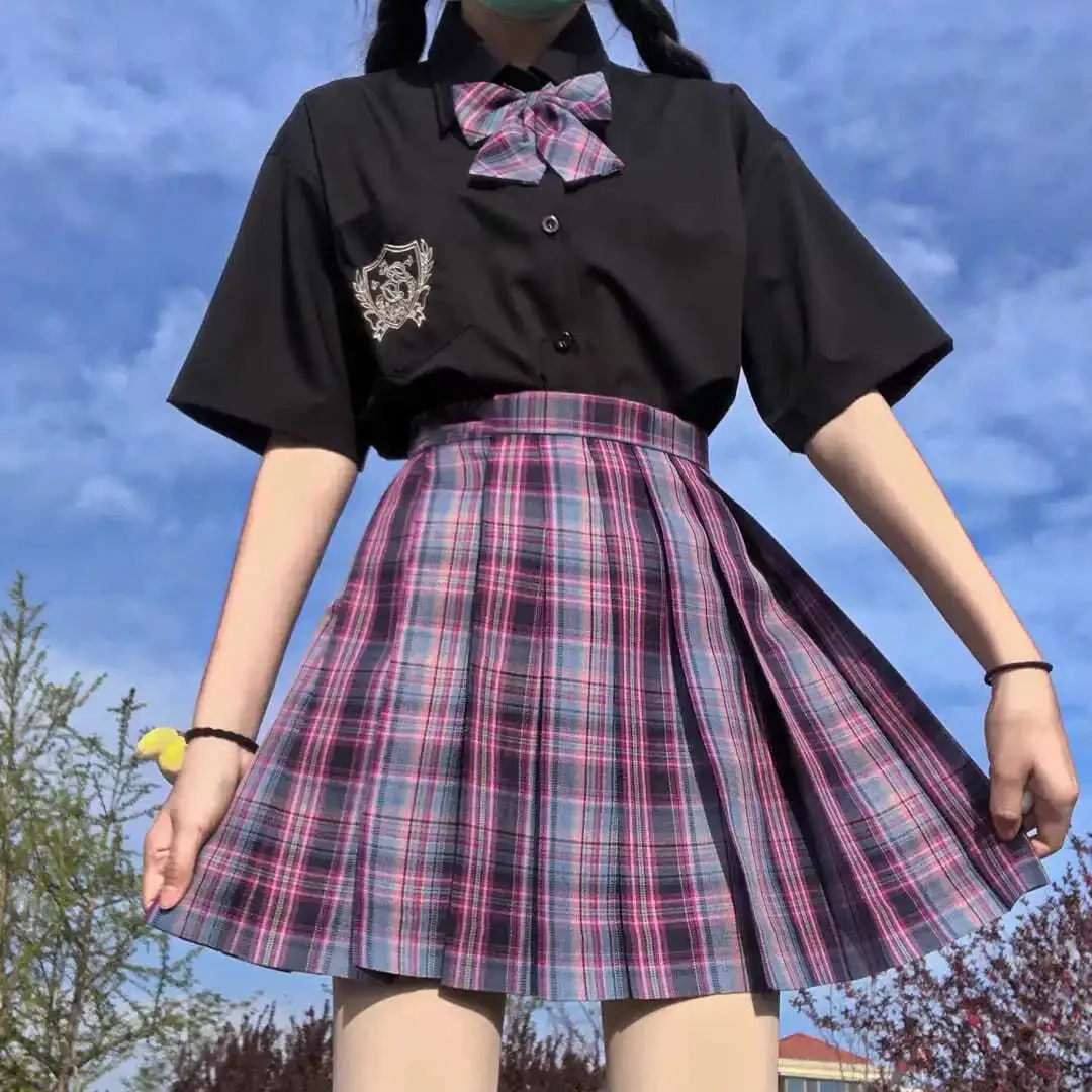 Conjunto de duas peças de uniforme japonês jk, camisas brancas de manga comprida + mini saia xadrez estilo preppy saias de cintura alta conjunto de 2 peças