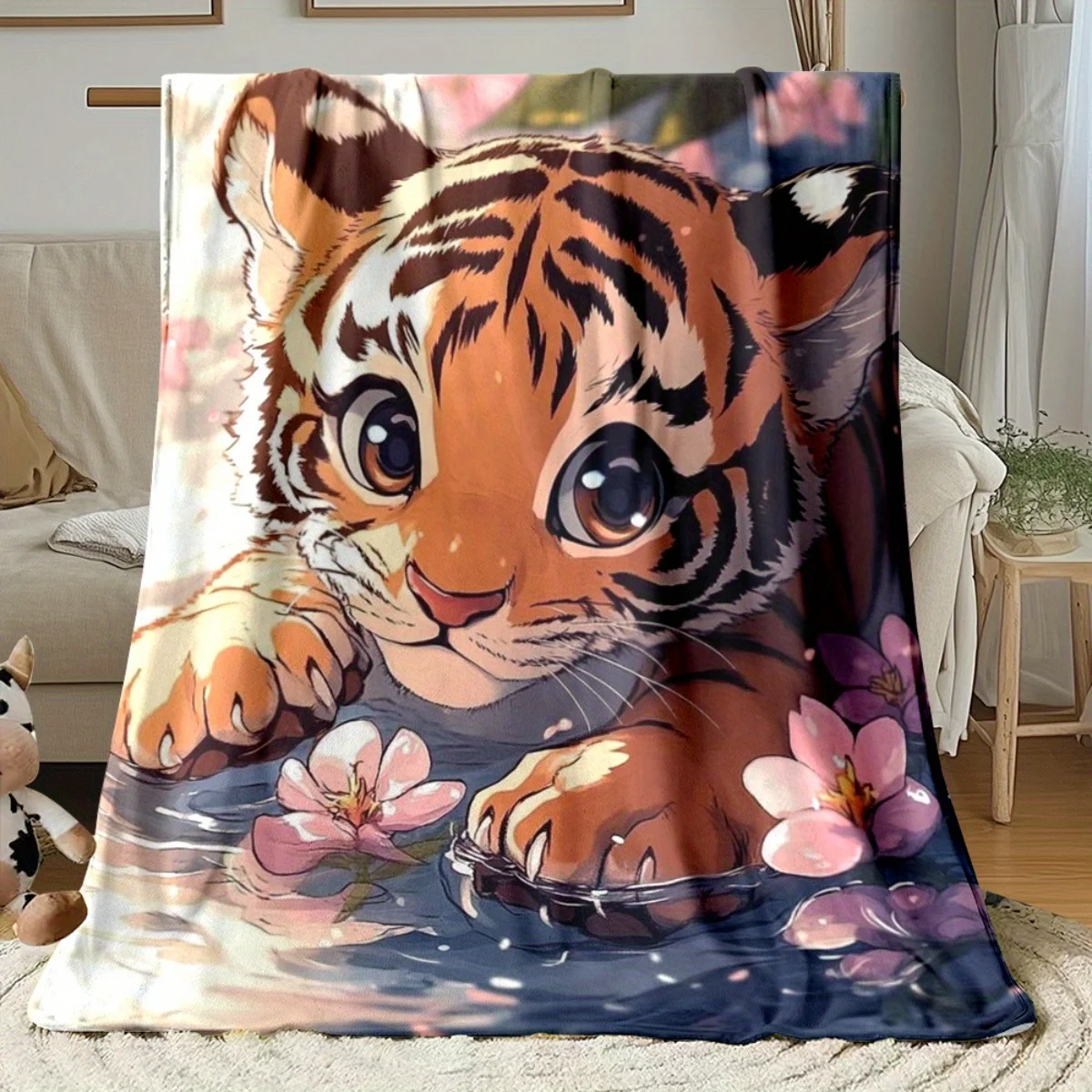 بطانية فانيلا بتصميم نمر مخطط باللونين البرتقالي والأسود - دافئة وناعمة، مناسبة للأرائك والأسرة وغرف المعيشة والمكاتب والسفر، #2