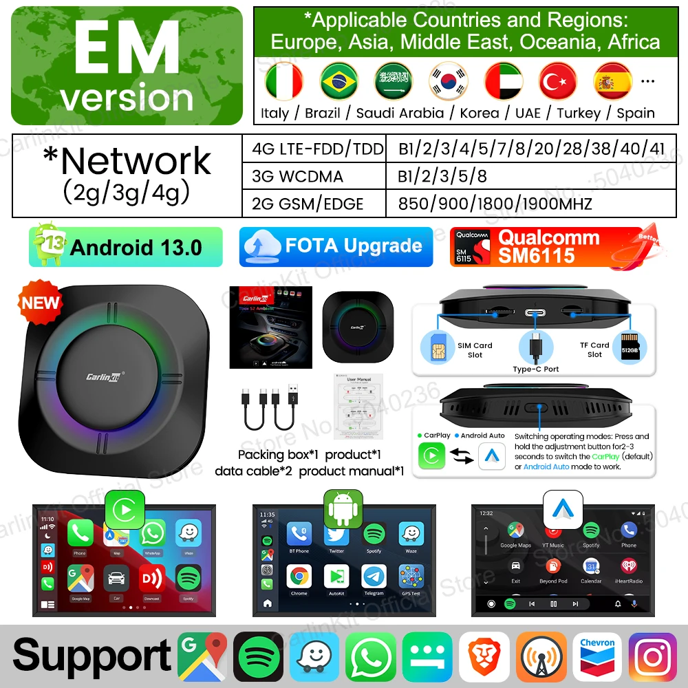 CarlinKit Android 13 LED AI Box Draadloos CarPlay Draadloos Android Auto Smart Car Multimedia Box Qualcomm 8-Core Chip SD-kaart Uitbreiden tot 512 GB Ondersteuning Online Video