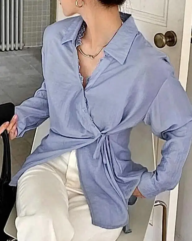 Women's AutumnTie-Waist Collared Shirt Long Sleeve Asymmetric Design Perfect for Casual Daily Styling