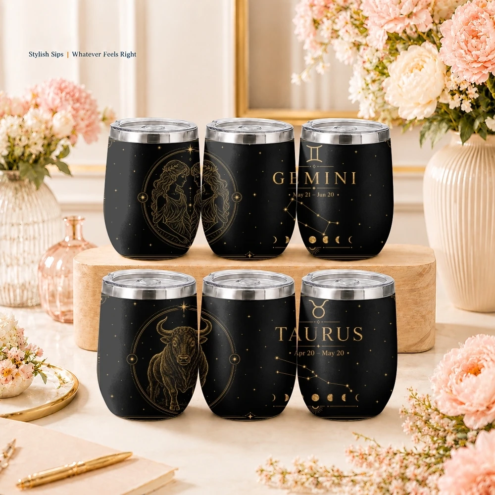 1-6 Black Luxury Zodiac Signs Vacuum Flasks 12oz Eggshell Cup With Lid Portable Coffee Cups Travel Household Office Drinking Mug