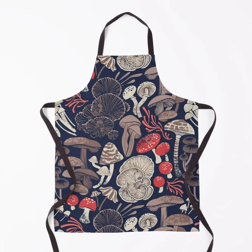 

Mystical fungi // midnight blue background brown red and coral wild mushrooms Apron chefs Kitchens Men Apron