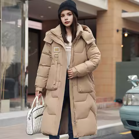 Winter Long Pakas For Women Solid Color Padded Neck Stand Collar Down Coat With Pockets Zipper Closure Hooded Outwear