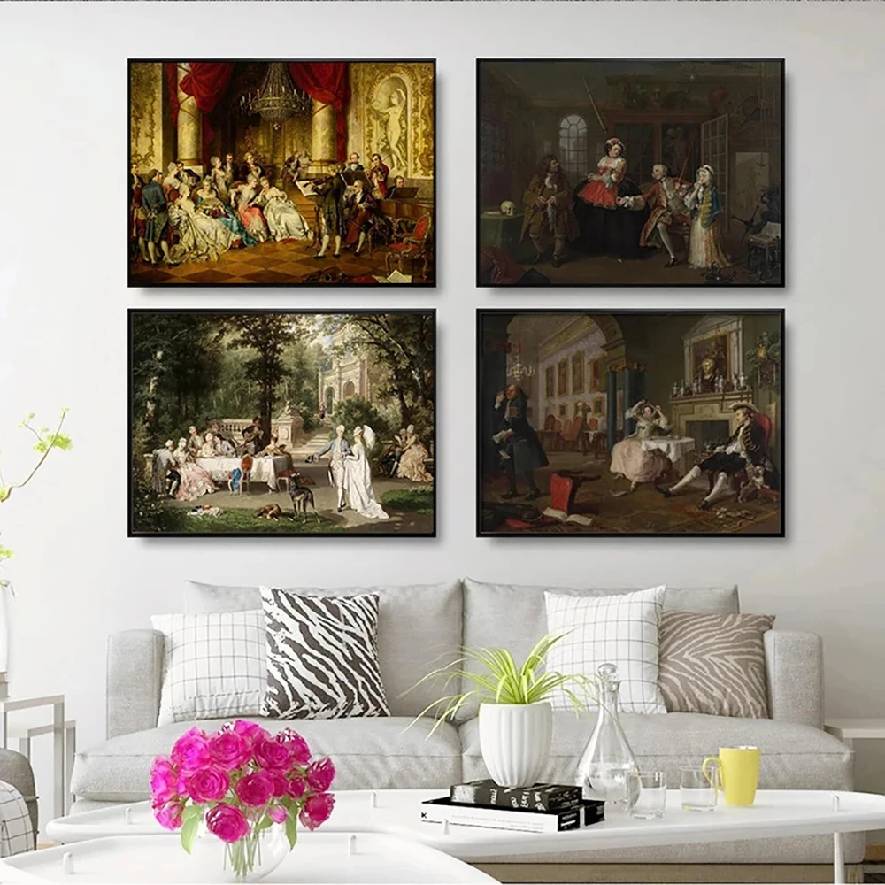 

European Court Nobles Gathering Canvas Paintings Vintage Women Posters and Prints Wall Art Picture for Living Room Decoration