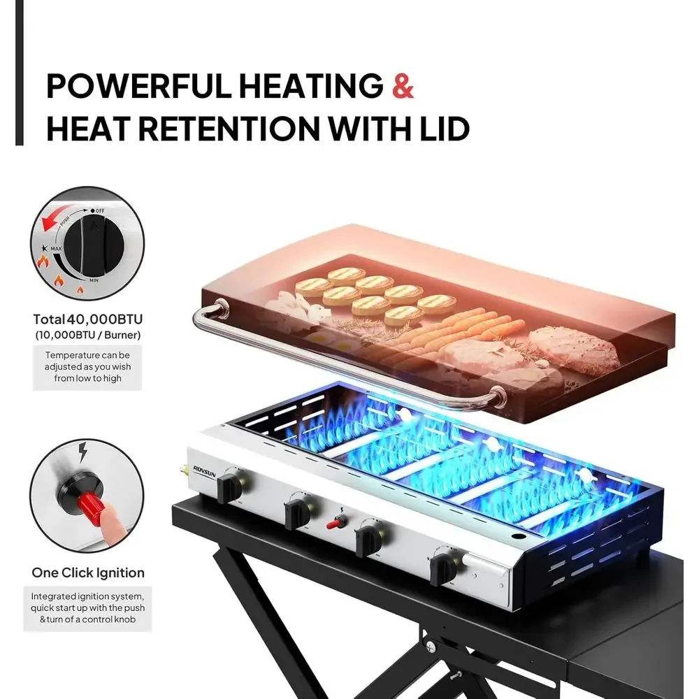 Portable 4-Burner Propane Griddle with Wheels, Enameled Tray, Lid, and Electronic Ignition for Outdoor Cooking and Camping BBQ T