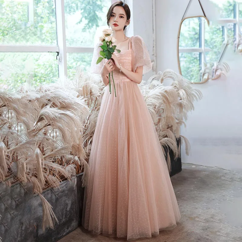 

Pink Simple Evening Dress Square Collar Elegant Floor-Length Short Sleeves A-Line Pleat Tulle New Woman Formal Party Gown A2473