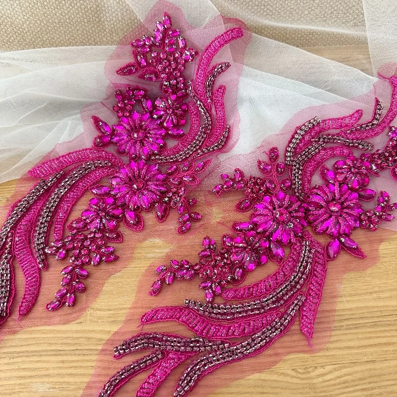 1 Pair Rose Red Handmade Rhinestone Lace Accessories DIY Dress Decorations For Neckline Waist Shoulder Clothing Embellishments