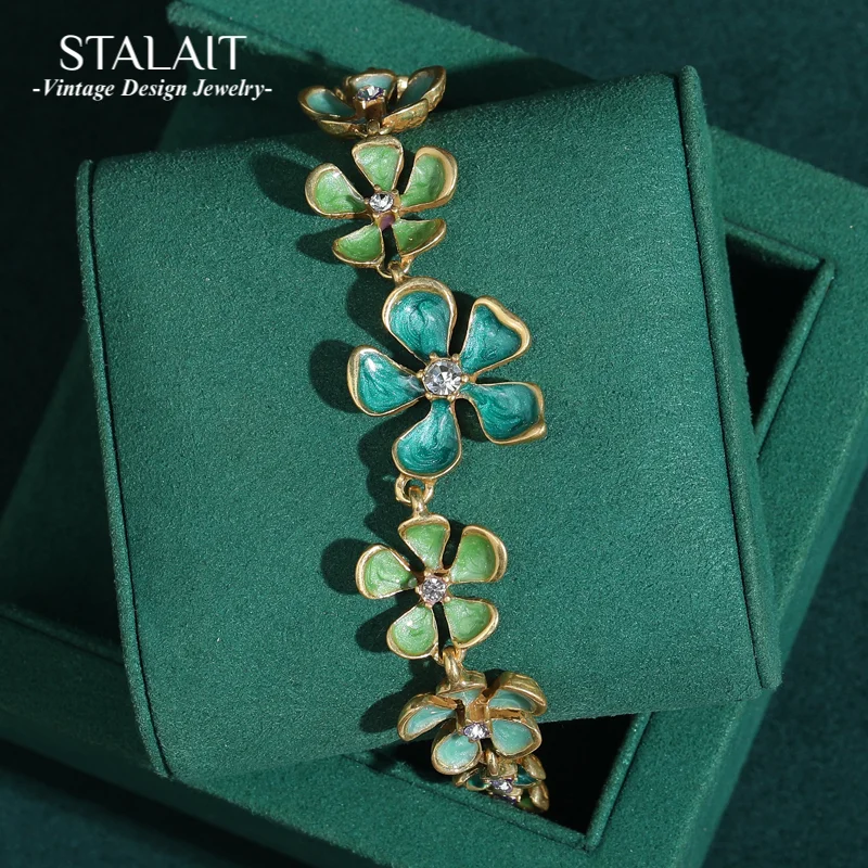

Vintage Green Enamel Flower Bracelets 18k Gold Color Charm Chain Bangle Summer Jewelry Antique For Woman Girls Birthday Gift