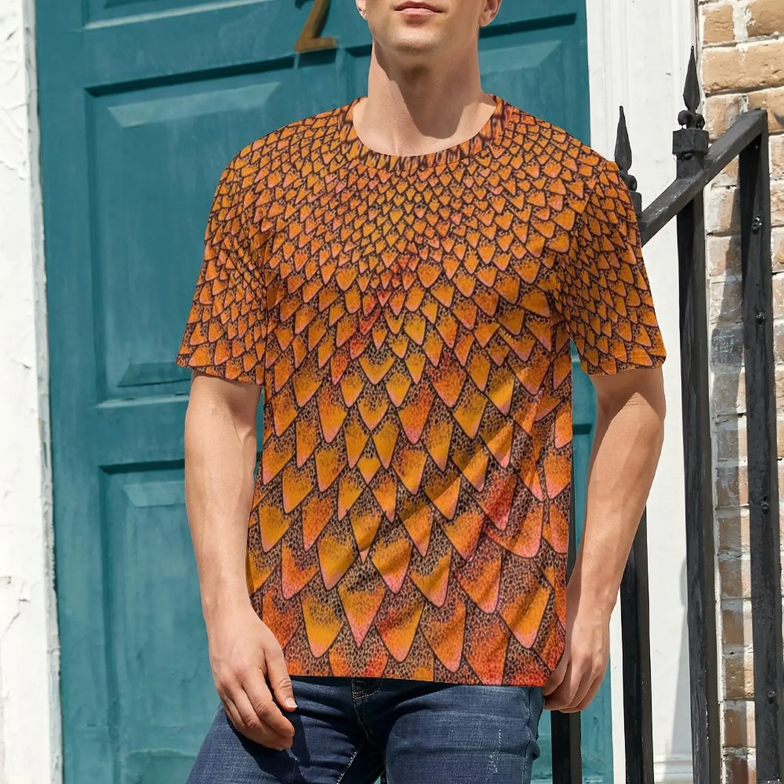 Plus Size T-Shirt Summer Orange Feather Scale Print T Shirts  Funny Crew Neck Tshirt Man Hippie Design Top Tees