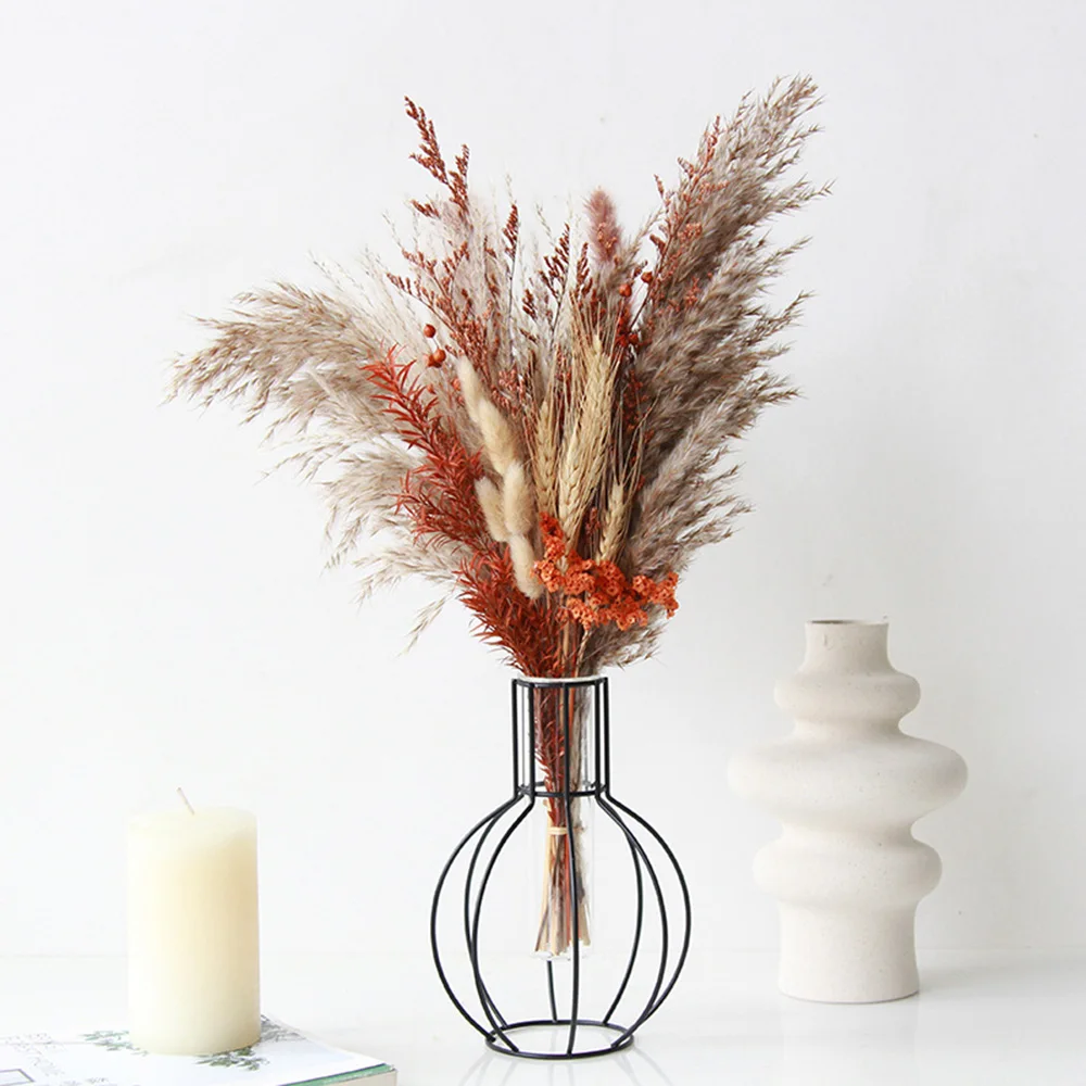 Lychee Life 17Pcs Red Orange Crystal Grass Dried Flower Reed Combination for Bohemian Home Decoration Wedding Decoration Diy