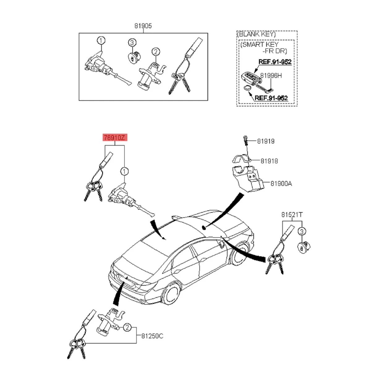 81970-3SA00 Front Door Lock Cylinder W/2 Keys for Hyundai Sonata 2009-2014 Secondary Key Assembly Left Driver Side