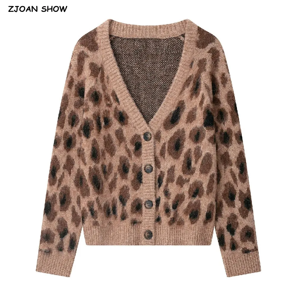 Autumn Winter Women Vintage V Neck Knitted Coffee Leopard Cardigan Single-breasted Buttons Long Sleeve Knitwear Loose Jumper