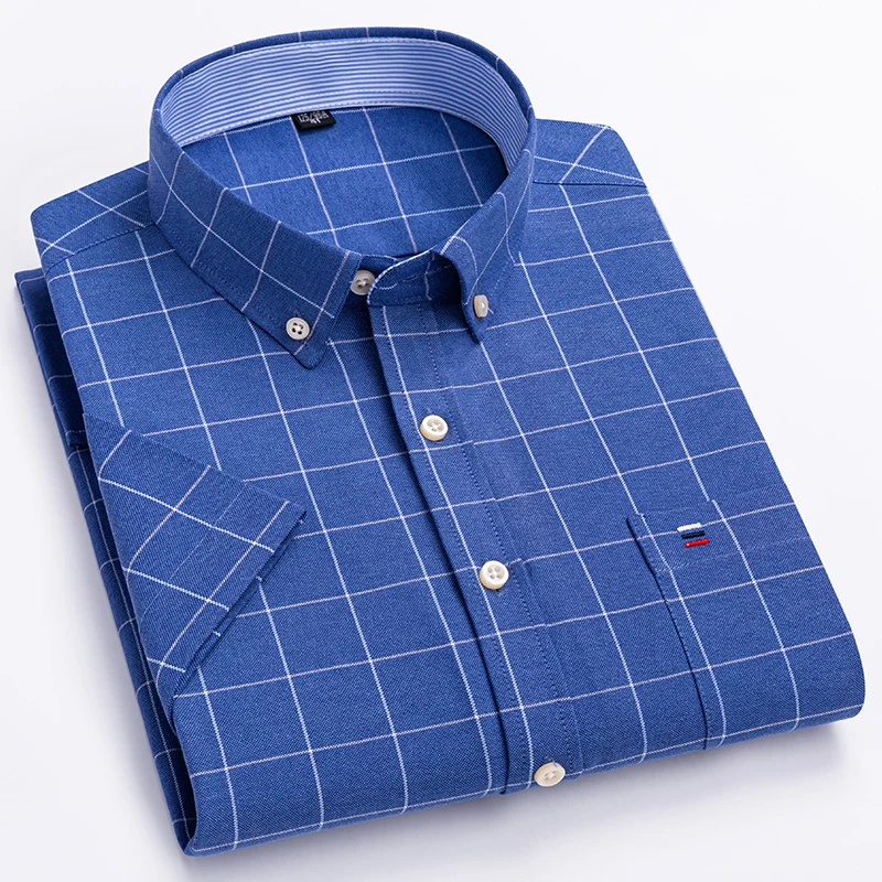 Camisas informales de manga corta para hombre, camisa Oxford de algodón puro, cómoda, de ajuste estándar, a cuadros, de Color sólido, S-7XL
