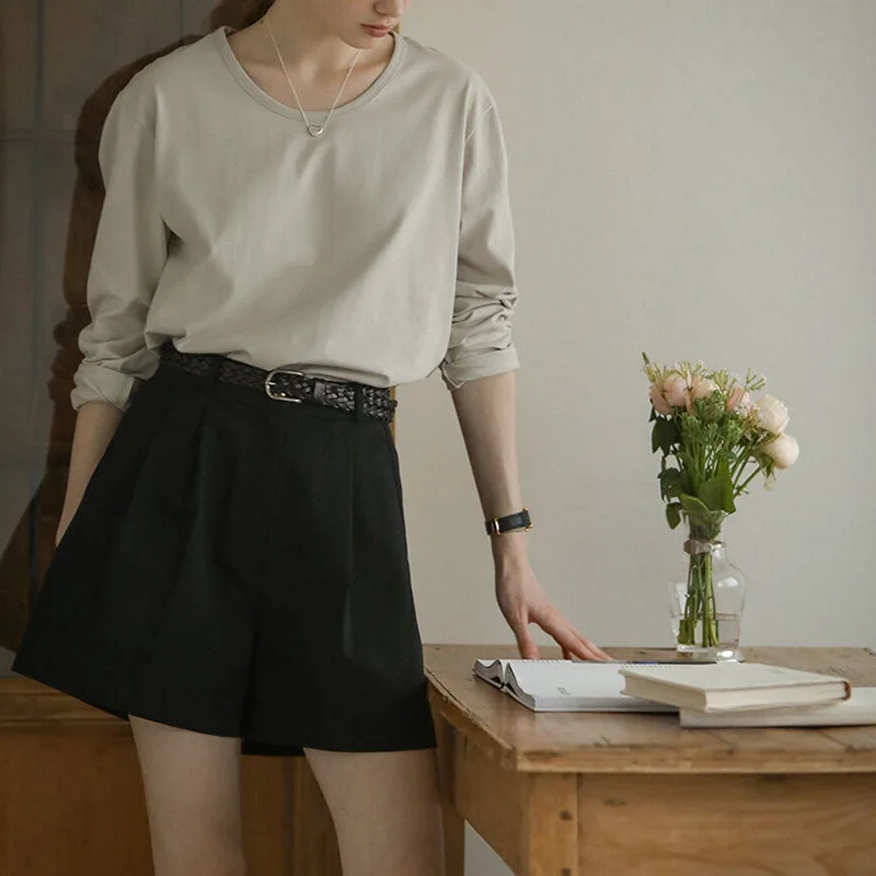 الكلاسيكية الأساسية المرأة طويلة الأكمام تي شيرت 2025 خريف جديد 100% القطن مكتب السيدات الجولة الرقبة بلون القمم الملابس النسائية