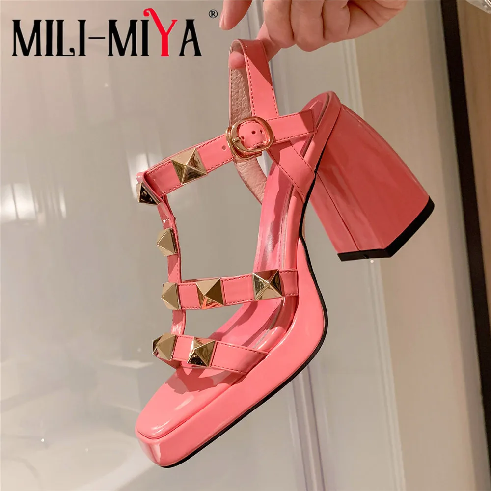 MILI-MIYA Classic Rivet Design Women Sheep Skin Sandals Super High Thick Heels Buckle Strap Square Toe Solid Color Summer Shoes