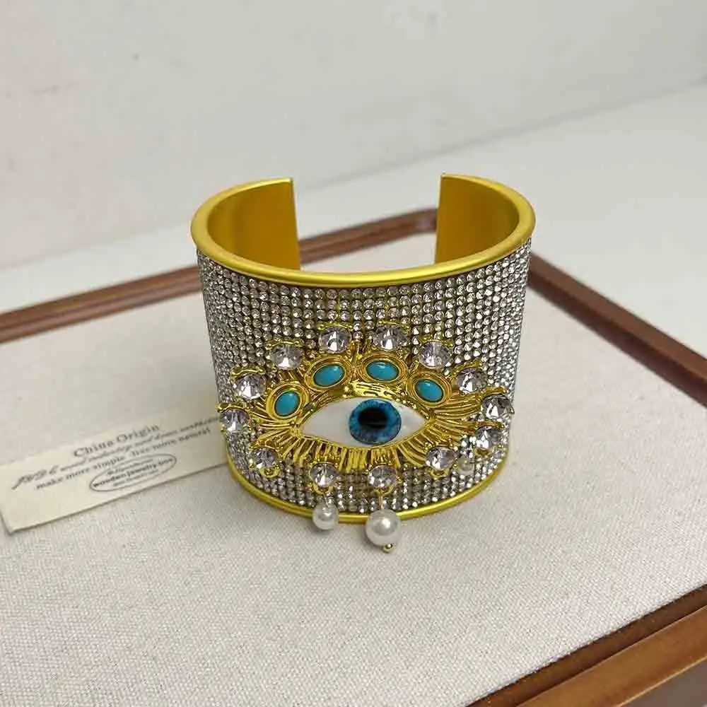 Metal Exaggerated Wide Open Bangle Alloy Full Rhinestone Demon's Eye Bracelets Europe American Style Gold Geometric Cuff Bangles