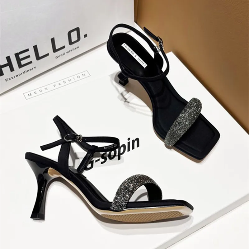 Sexy Square Toe Thin Heeled Sandals Women Summer 2024 Fashion Rhinestone Letter Design Pumps Women Cross Strap Black High Heels