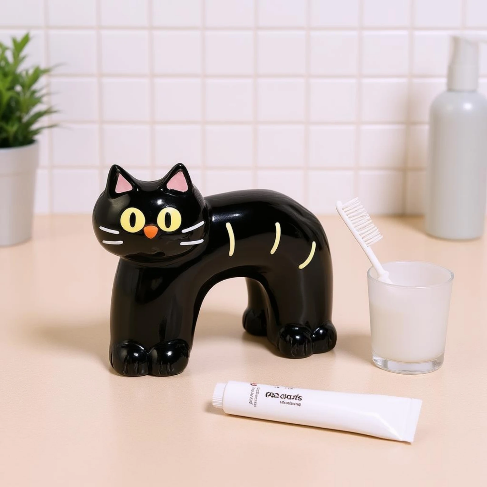 

Feline-Shaped Toothbrush Holder Glossy Feline Toothbrush Holder Striped Decorative