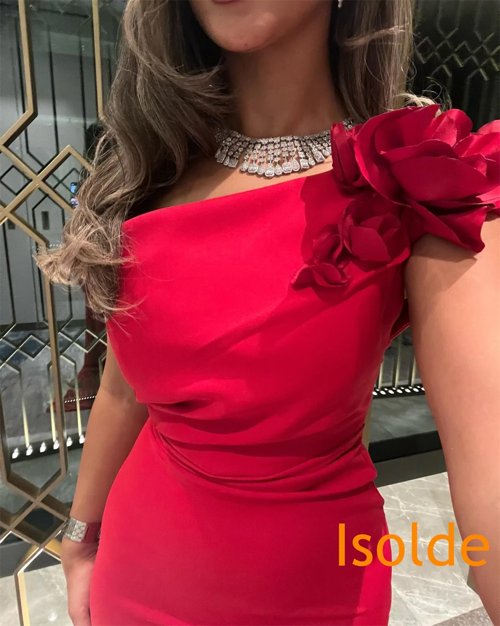 

Customized Mermaid Modern Red Jersey Evening Dress Exquisite One Shoulder Flowers Celebrity Gowns Luxury Homecoming Dresses