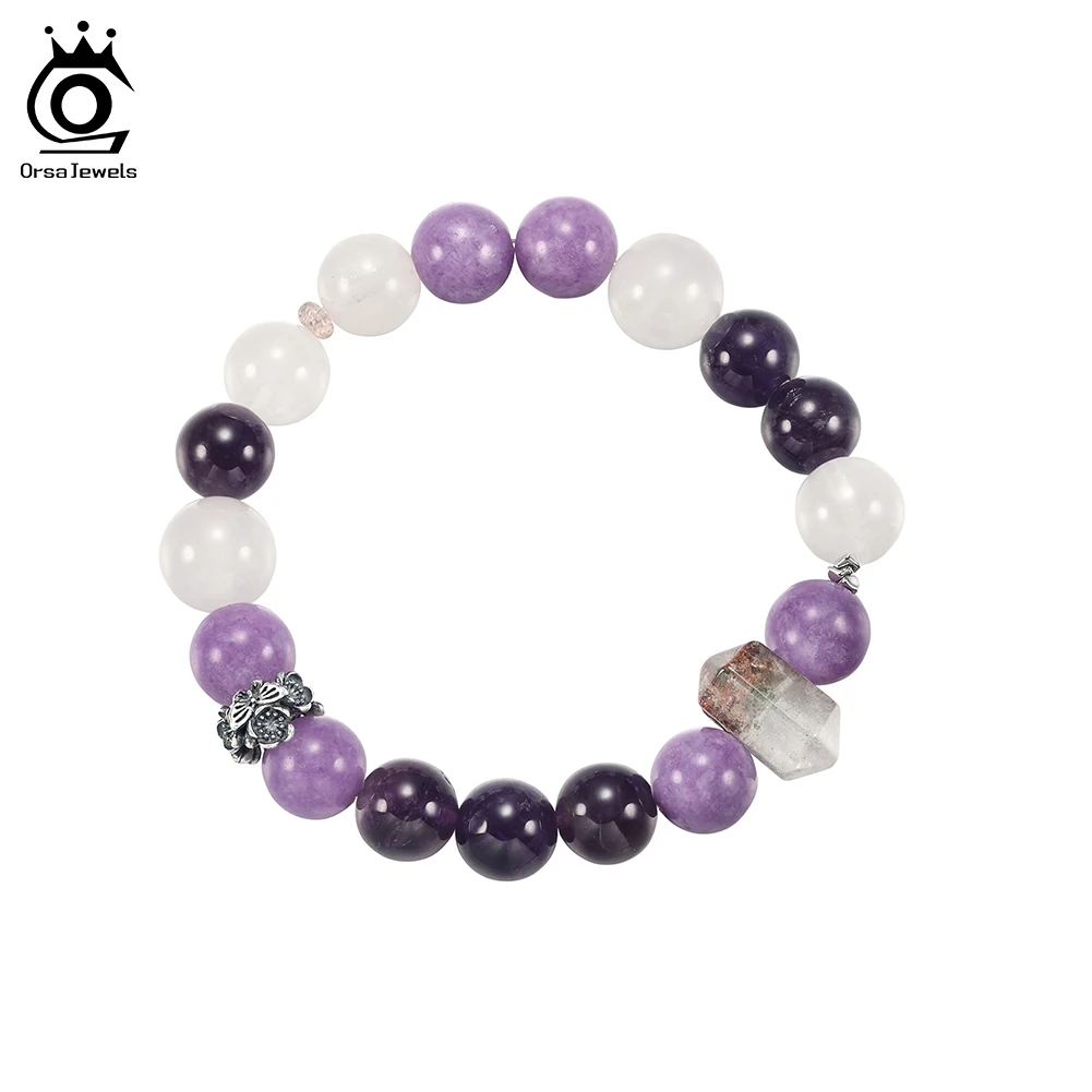 

ORSA JEWELS Trendy Quartz & Amethyst Stone Beads Bracelet 925 Sterling Silver Natural Stone Elastic Rope Jewelry Gift GMB103