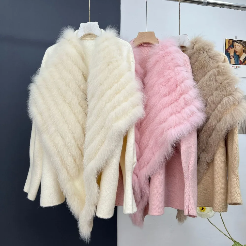 

New Autumn WinterFashion Style Fox Fur Sweater Mid-length Knitting Coat Feamel Cardigan Sweater Jacket Women's Sweater