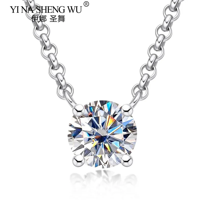 

S925 Silver Moissanite Four-claw 1 Carat 2 Carat Necklace Female Simple Round Clavicle Chain Anniversary Gift for Lover