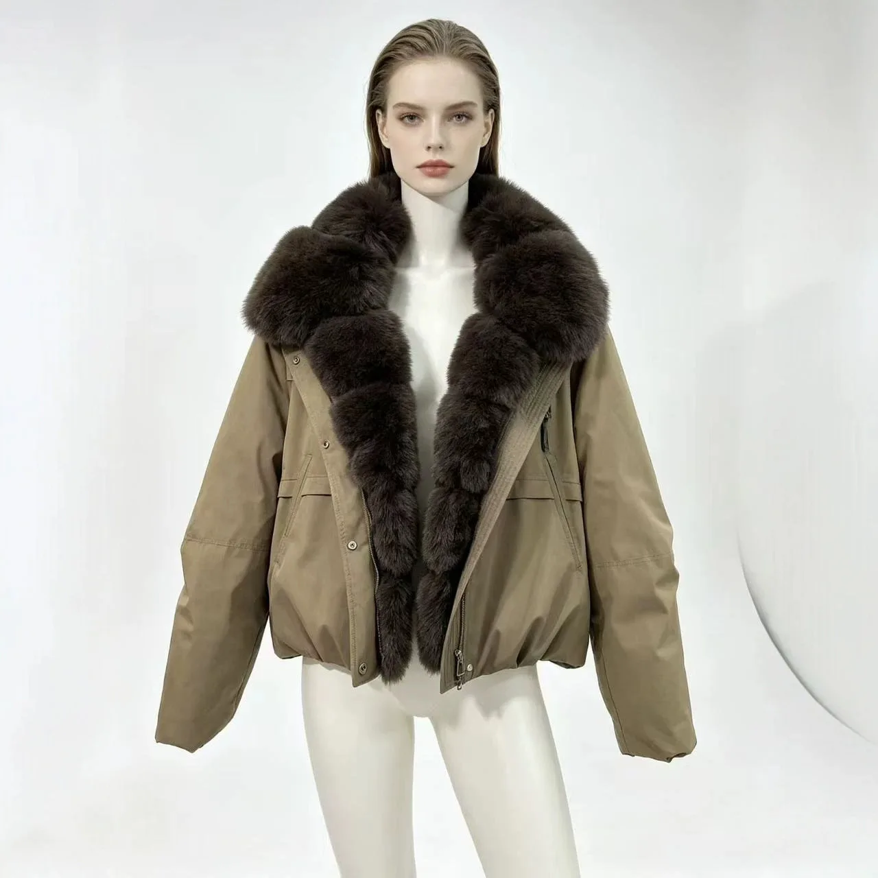 Winter New Women's Large Faux Fur Lapel Cropped Cotton Coat Zip Up Loose Warm Windproof Elegant Casual Daily Wear Padded Jacket
