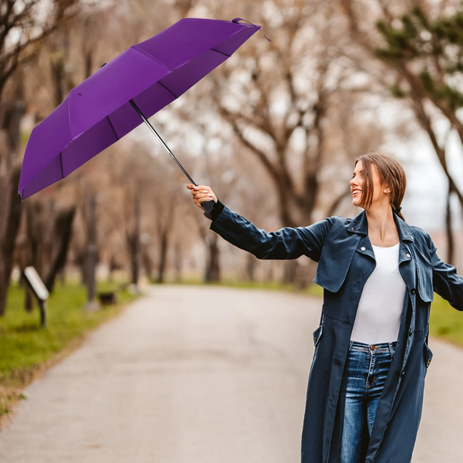 Automatic Purple Folding Umbrella 23 Inch Windproof Uv Protection Large Double Canopy Travel Rain Outdoor Umbrella