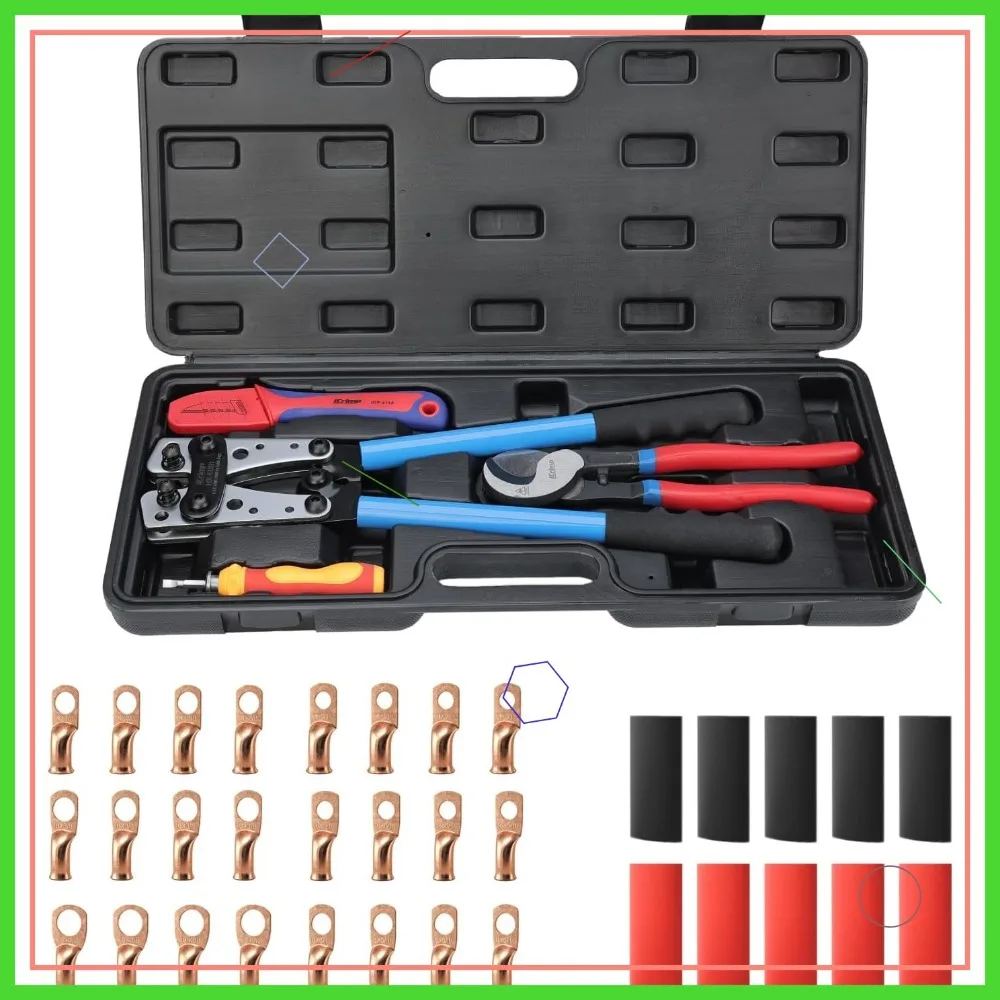 

Battery Cable Crimper Kit with Stripper, 24 Copper Lugs & 10 Heat Shrink Tubes for AWG 8-1/0