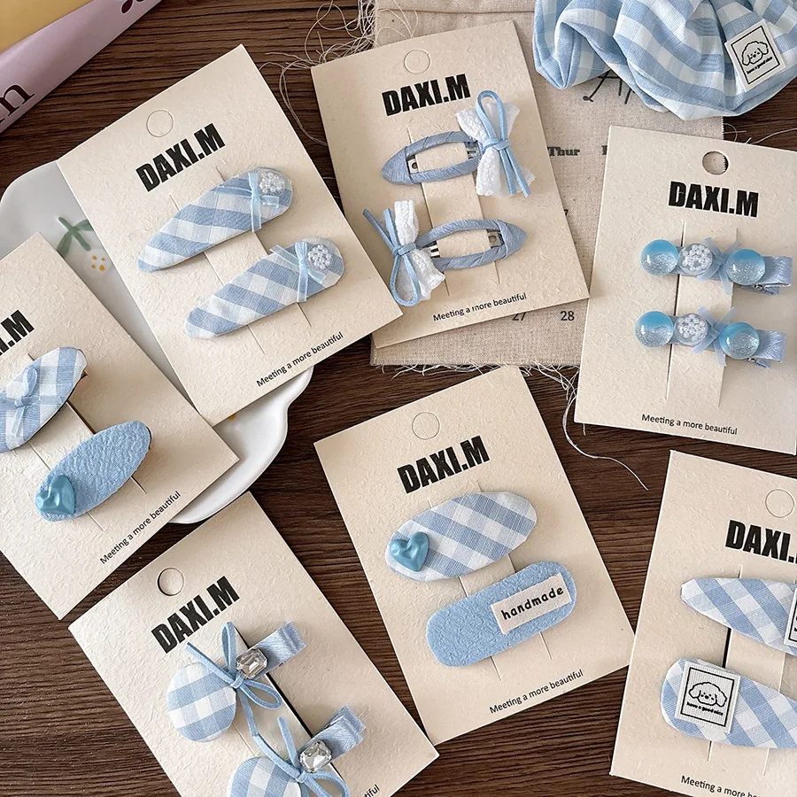 

2PC Baby Snap Hair Clips Cute Blue Cotton Fabric Tartan Plaid BB Barrettes Kids Hair Accessories for Girls Headwear