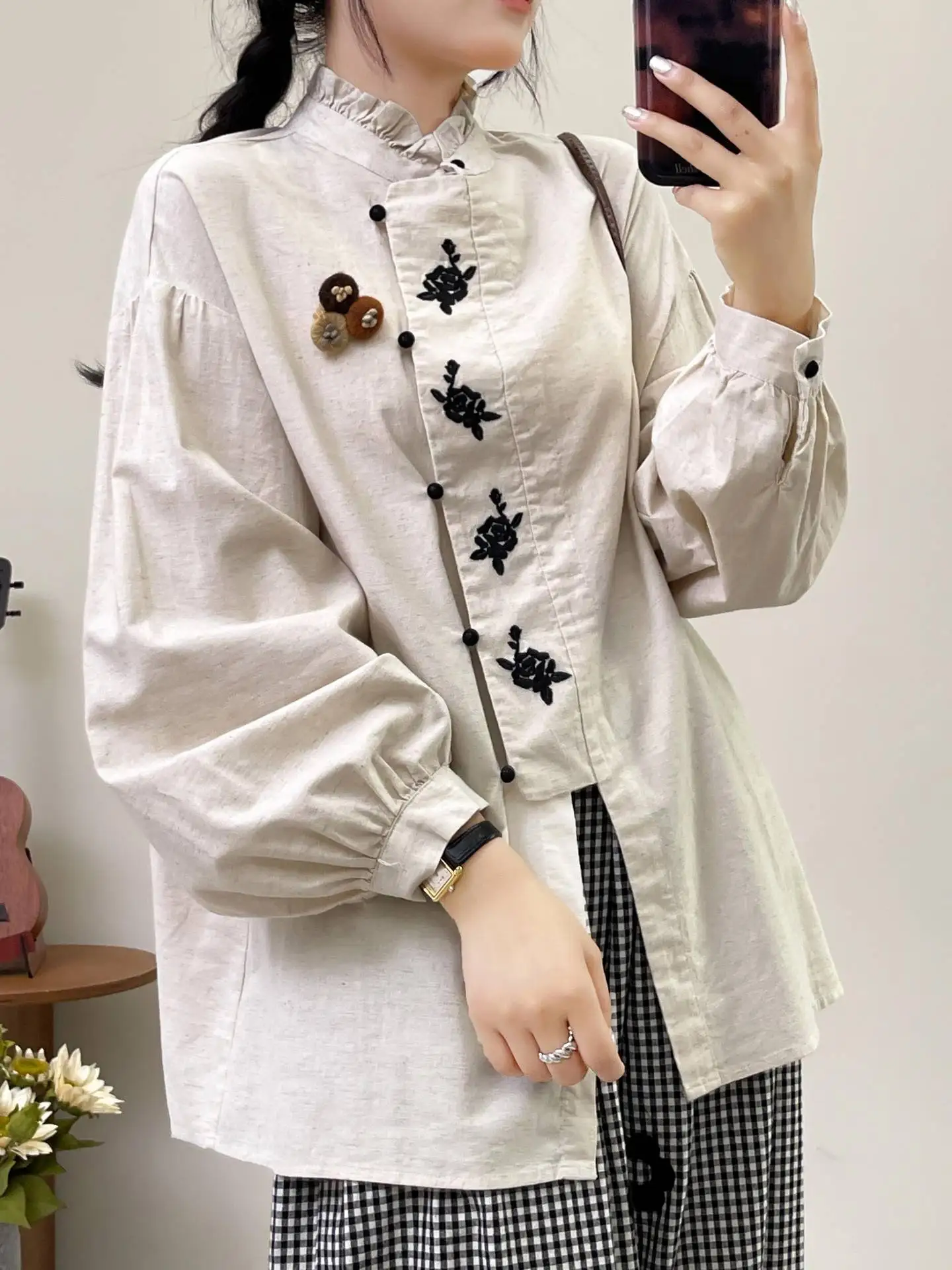 New Autumn Cotton Long Sleeve Shirt, Women Floral Embroidery Simple Top, Mori Girl Fashion Loose Blouses, 2024 Winter T48827QM