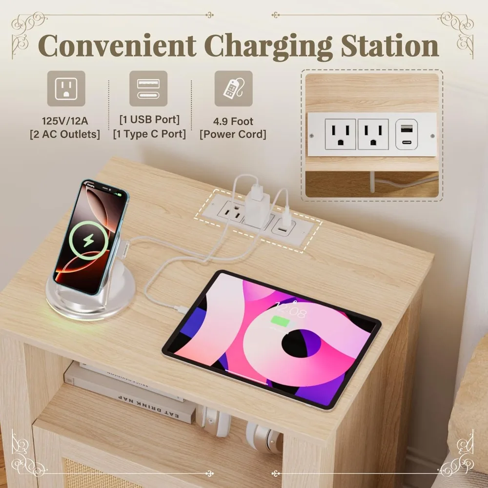 Meja Nakas Rotan 26 inci dengan Stasiun Pengisian Daya, 2 Laci & Rak Terbuka, Meja Samping Tempat Tidur Modern untuk Rumah