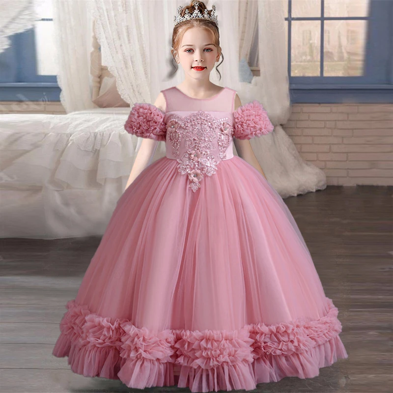 New 4-12 Years Old Children Dress Girls Princess Dress Beaded Satin Bow Party Costume Elegant Girls High-end Venue Dress