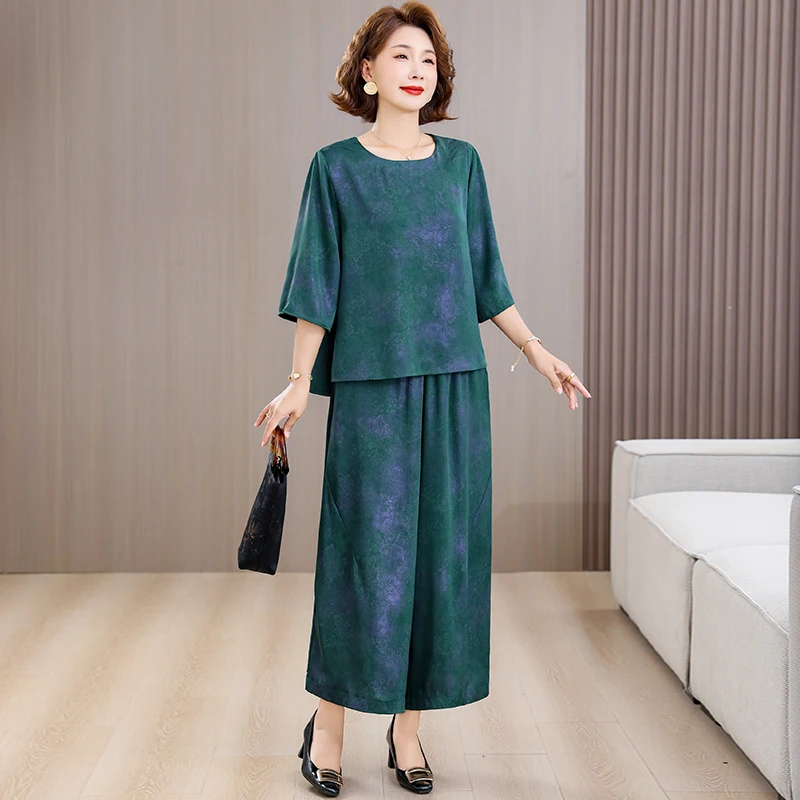 

plus Size Women's Mom Summer New round Neck Top Wide Leg Pants Two Piece Set Elegant Ensemble Comfortable Fashionable Ladies ...