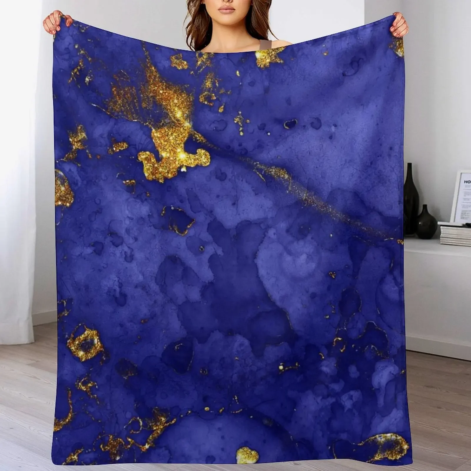 

Indigo Blue and Gold veined Faux Marble Throw Blanket manga anime Quilt for winter Blankets