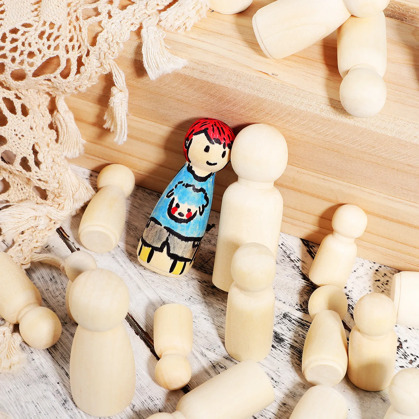 50Pcs Wooden Peg Unfinished Craft Figures Natural Smooth Surface Painting Decoration Set Micro Landscape Art Supplies