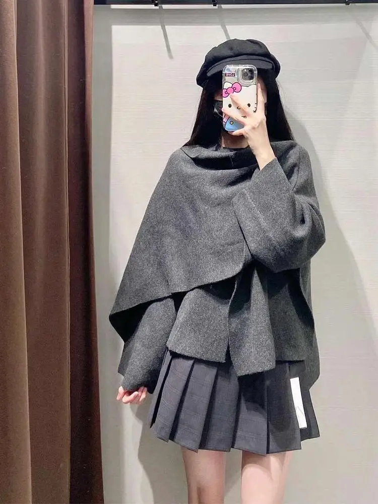 

Асимметричный плащ, женская свободная вязаная верхняя одежда, шарф с воротником, широкий крой, милый зимний модный повседневный топ