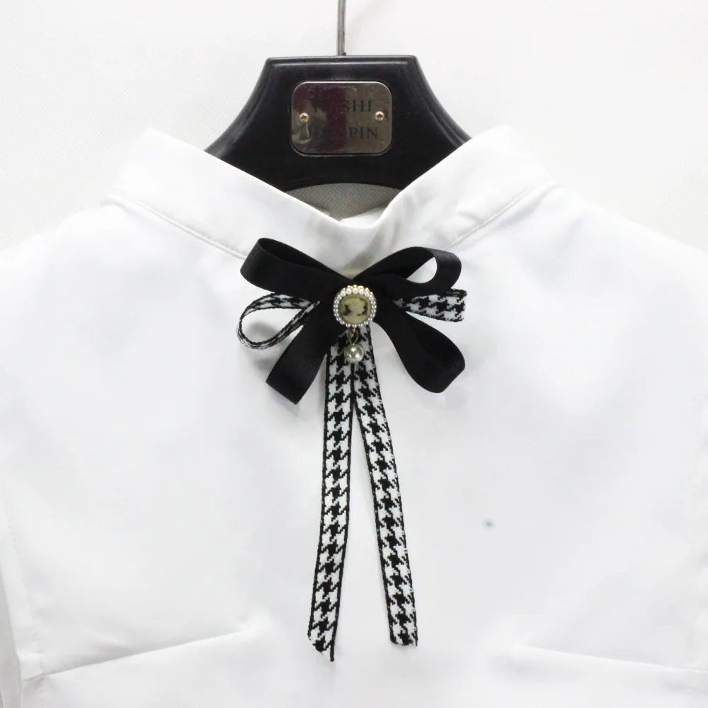 Houndstooth Ribbon Bow Tie Brooch Simple British Korean Women's Shirt Sweater Accessories Collar Flowers Pins Handmade Jewelry