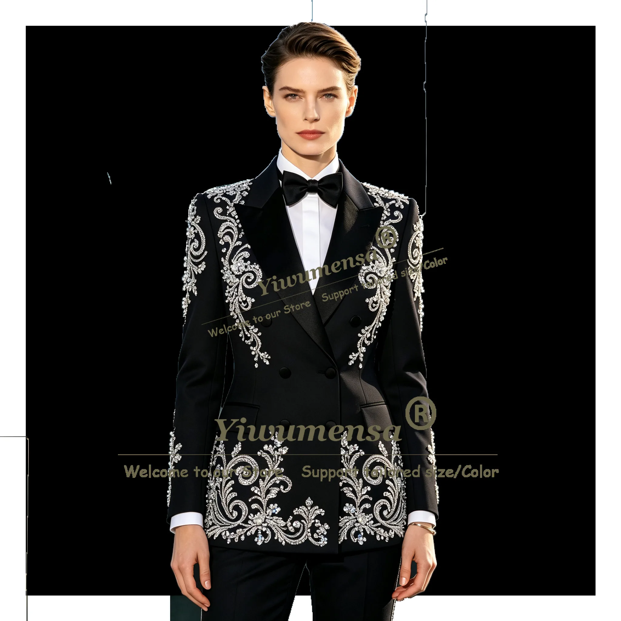 Exclusive Rhinestones Beaded Women Tuxedo Suit 2 Piece Sets Double Breasted Jacket Trousers Slim Fit Bride's Mother Dress Luxury