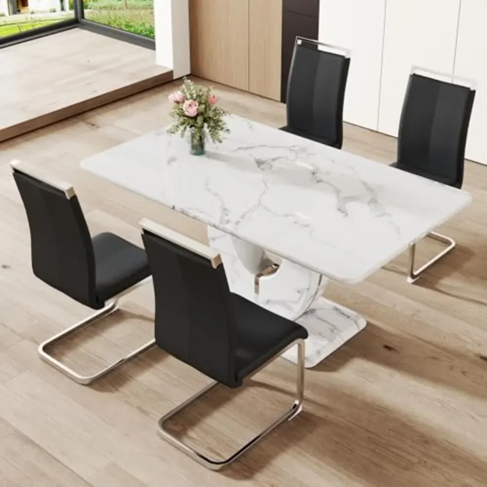 

# Для обеденного стола, набор прямоугольных кухонных столов со столешницей из искусственного мрамора и 4 стульями с обивкой из искусственной кожи - черные, серебряные ножки